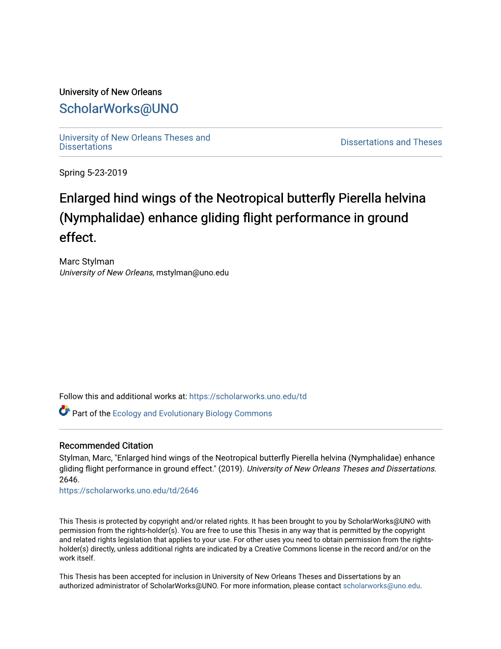Enlarged Hind Wings of the Neotropical Butterfly Pierella Helvina (Nymphalidae) Enhance Gliding Flight Performance in Ground Effect