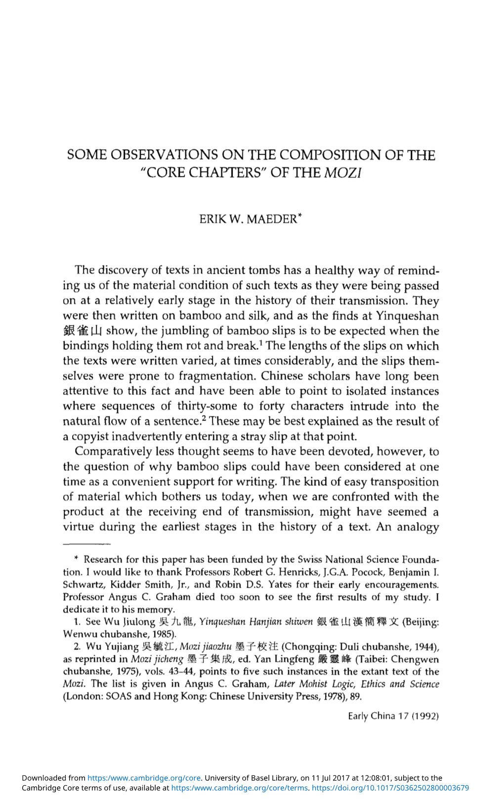 Some Observations on the Composition of the "Core Chapters" of the Mozi