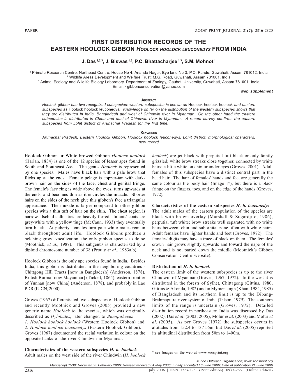 First Distribution Records of the Eastern Hoolock Gibbon Hoolock Hoolock Leuconedys from India