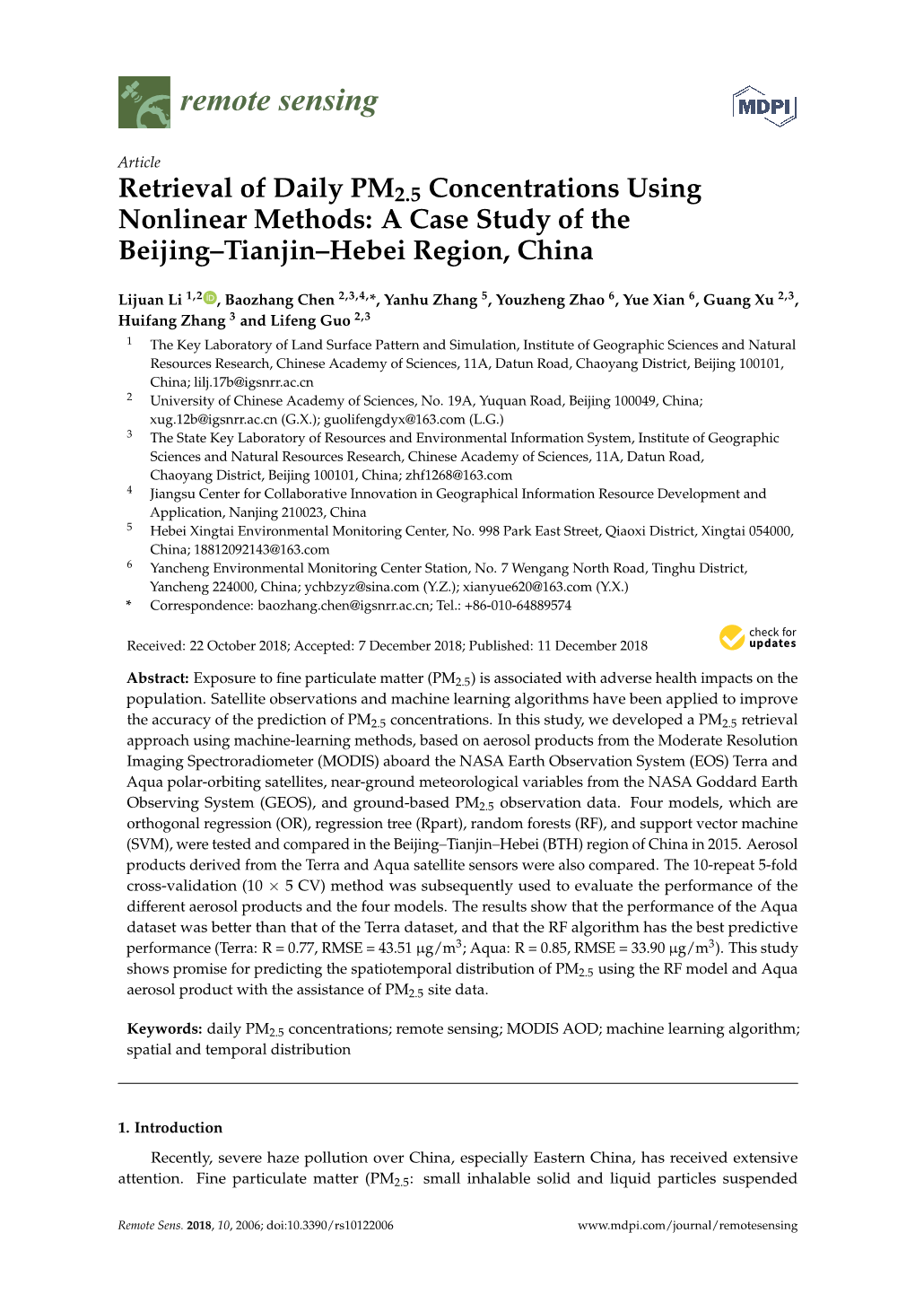 Retrieval of Daily PM2.5 Concentrations Using Nonlinear Methods: a Case Study of the Beijing–Tianjin–Hebei Region, China