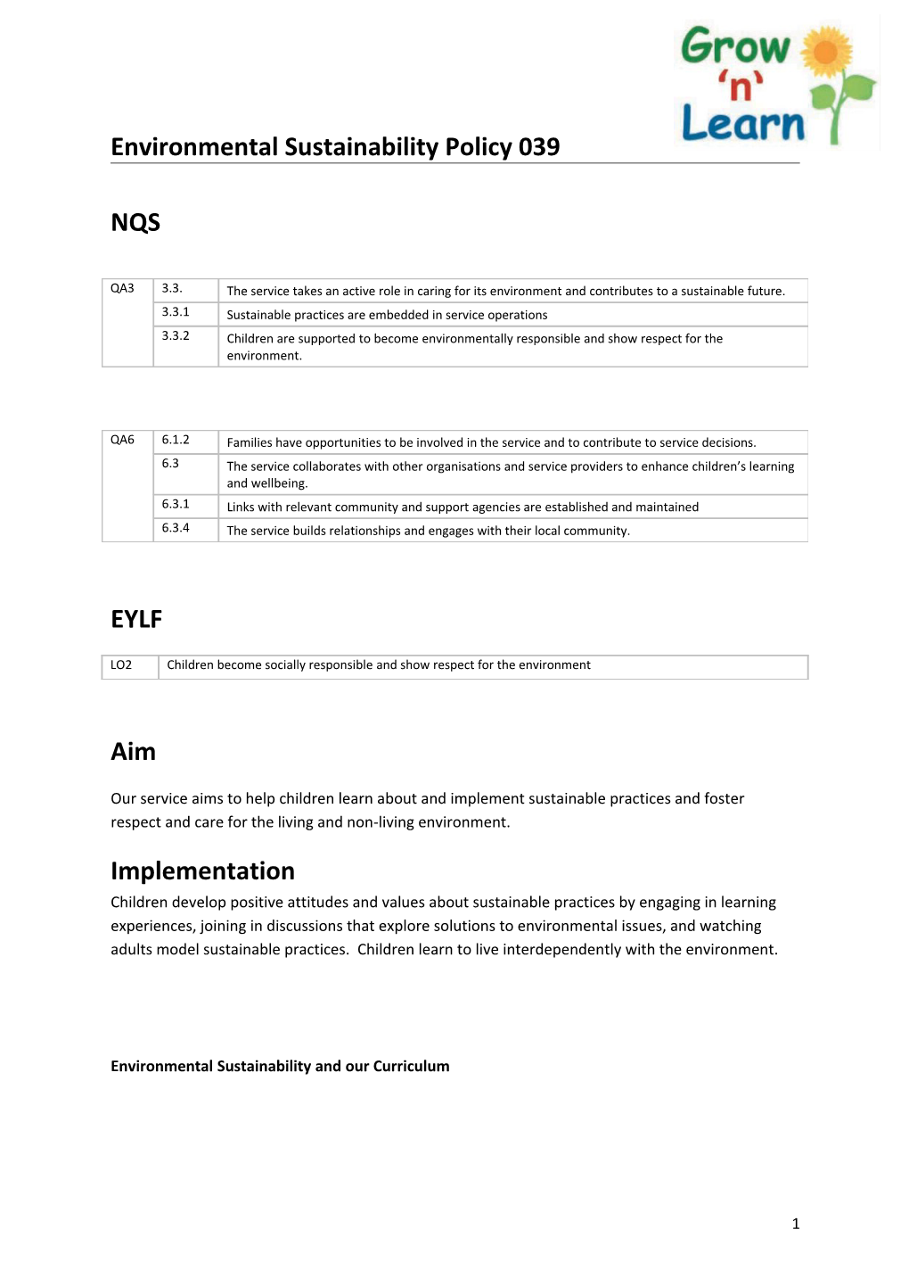 Environmental Sustainability Policy 039