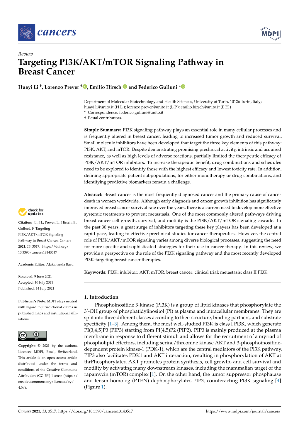 Targeting PI3K/AKT/Mtor Signaling Pathway in Breast Cancer