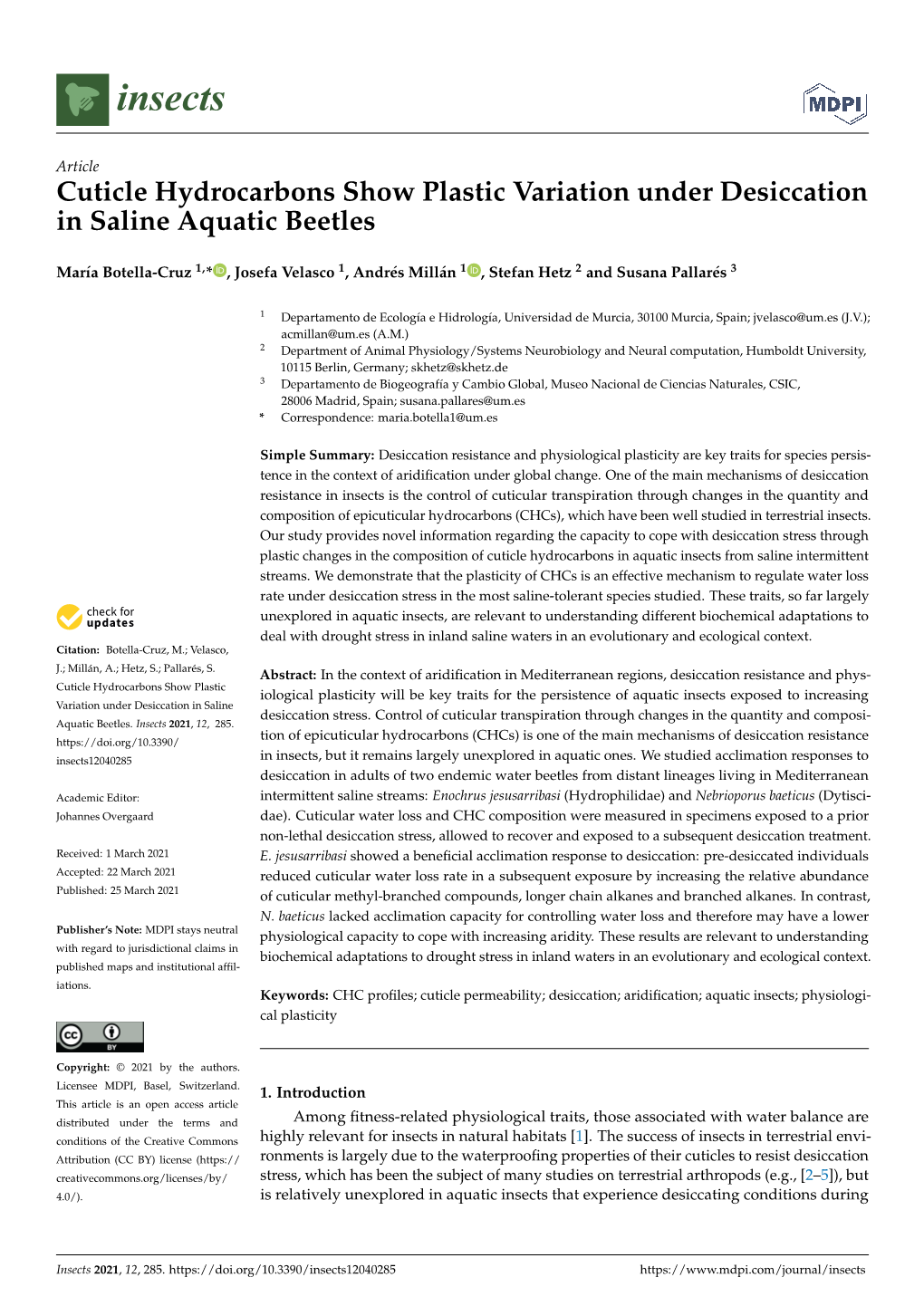 Cuticle Hydrocarbons Show Plastic Variation Under Desiccation in Saline Aquatic Beetles