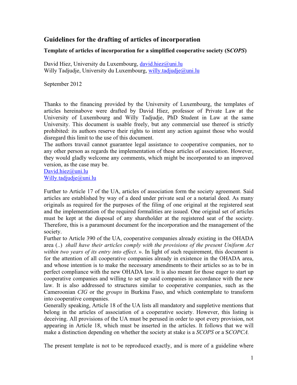 Guidelines for the Drafting of Articles of Incorporation Template of Articles of Incorporation for a Simplified Cooperative Society (SCOPS)