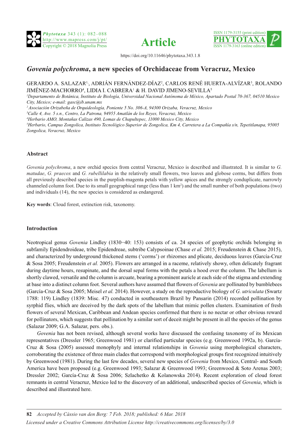 Govenia Polychroma, a New Species of Orchidaceae from Veracruz, Mexico