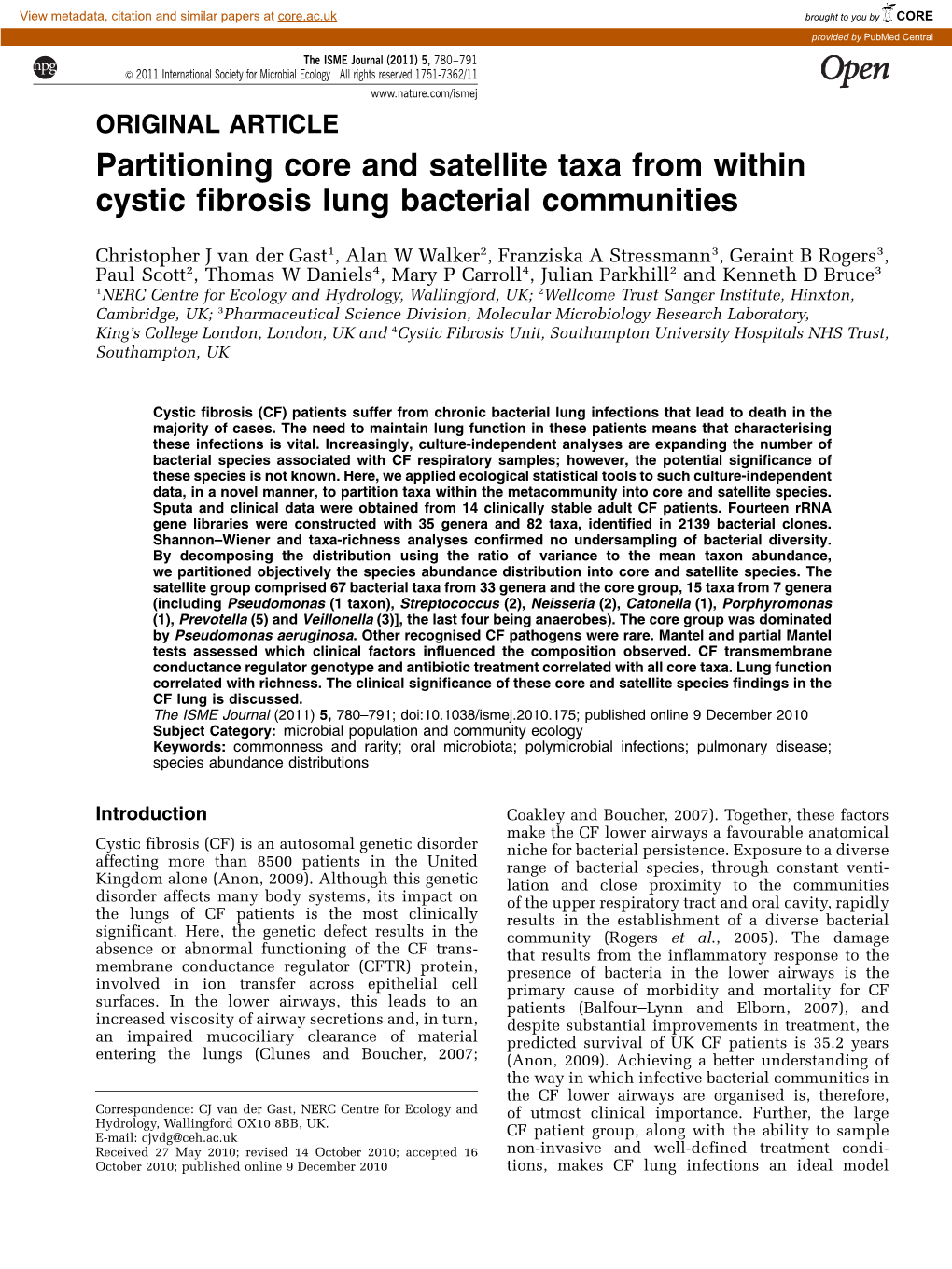 Partitioning Core and Satellite Taxa from Within Cystic Fibrosis Lung Bacterial Communities