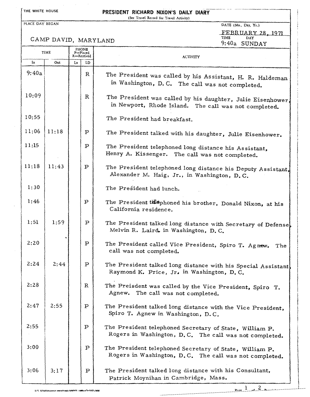 PRESIDENT RICHARD NIXON's DAILY DIARY (Ste Travtl Record for Travel Activity)