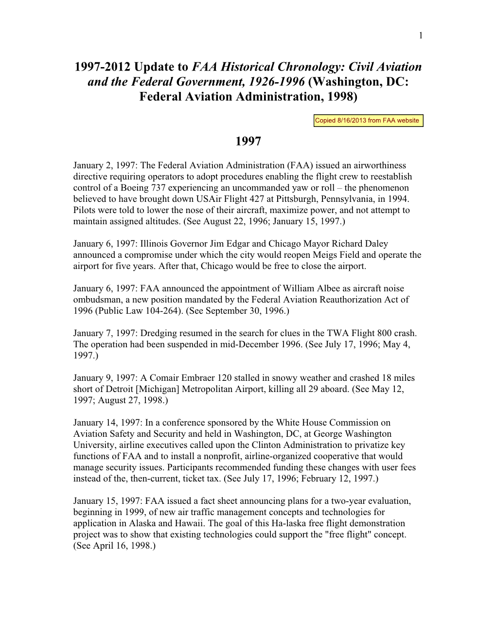 FAA Chronology, 1997-2012