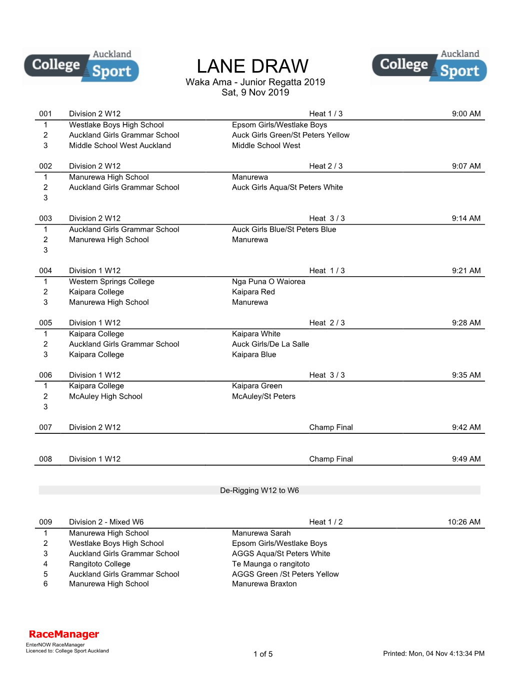 LANE DRAW Waka Ama - Junior Regatta 2019 Sat, 9 Nov 2019