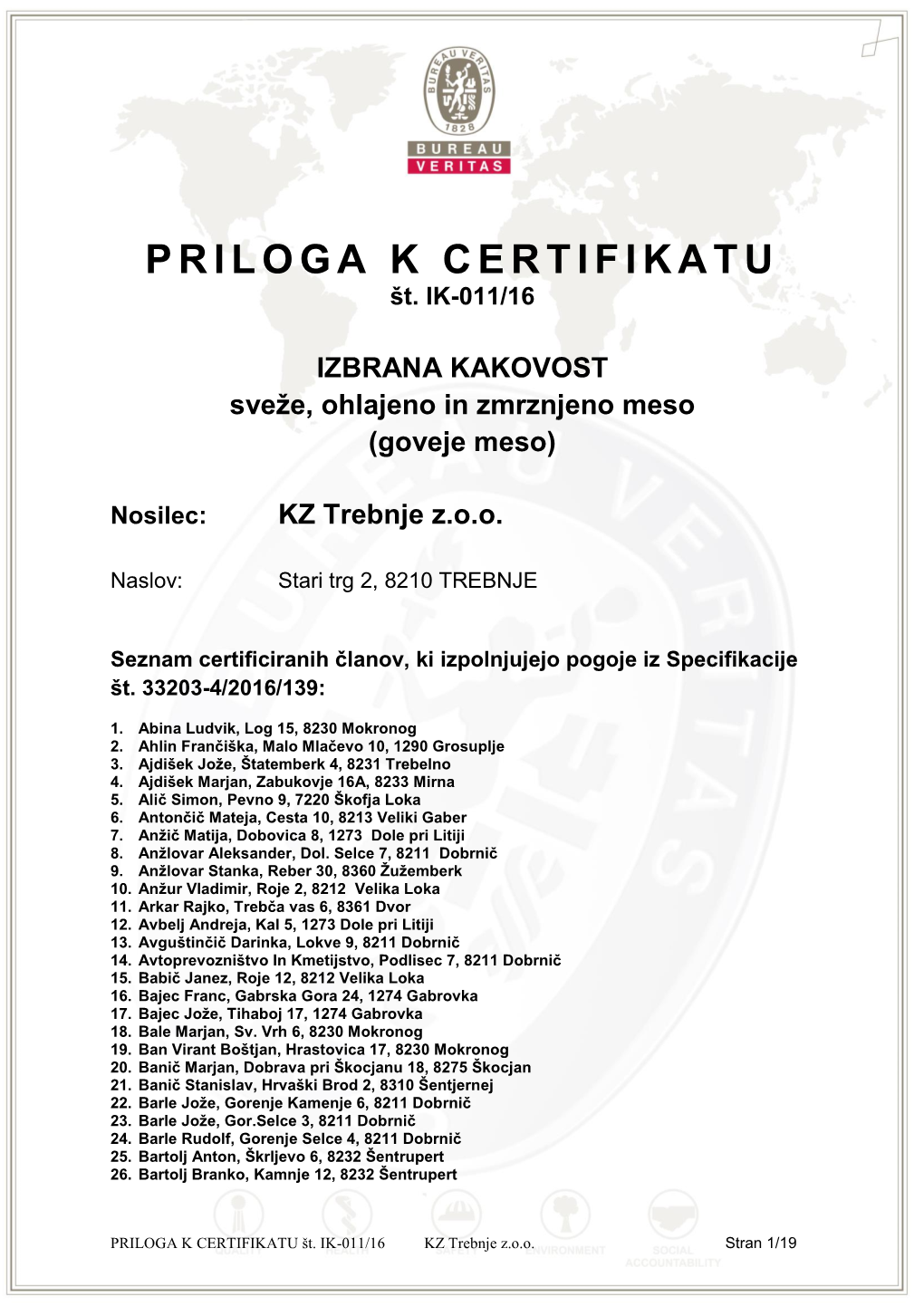 PRILOGA K CERTIFIKATU Št