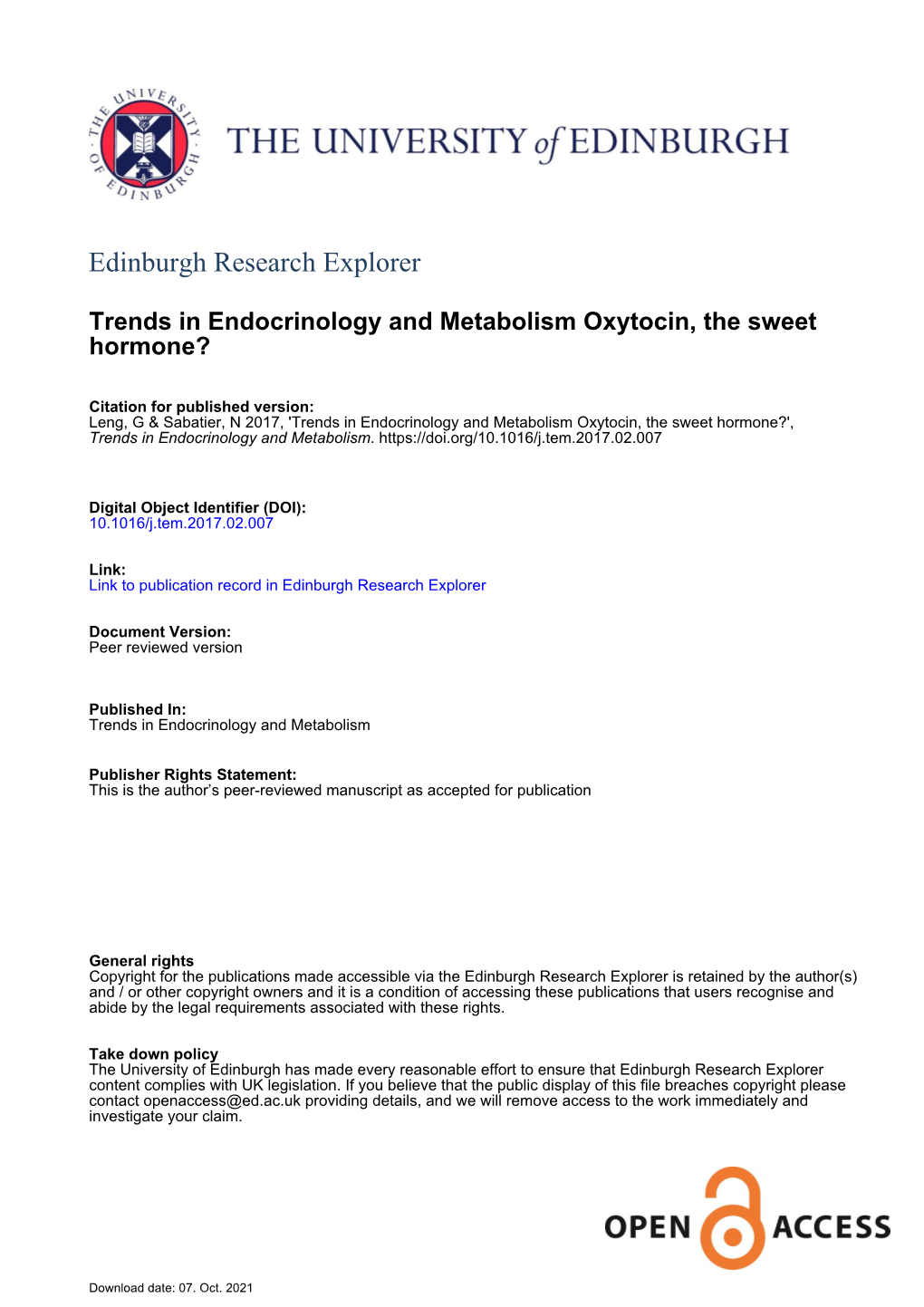 Trends in Endocrinology and Metabolism Oxytocin, the Sweet Hormone?