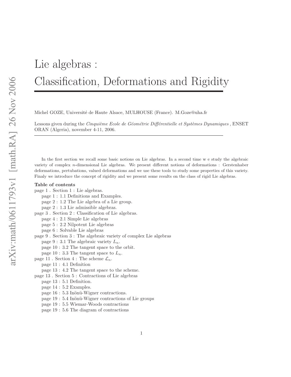 Lie Algebras : Classification, Deformations and Rigidity