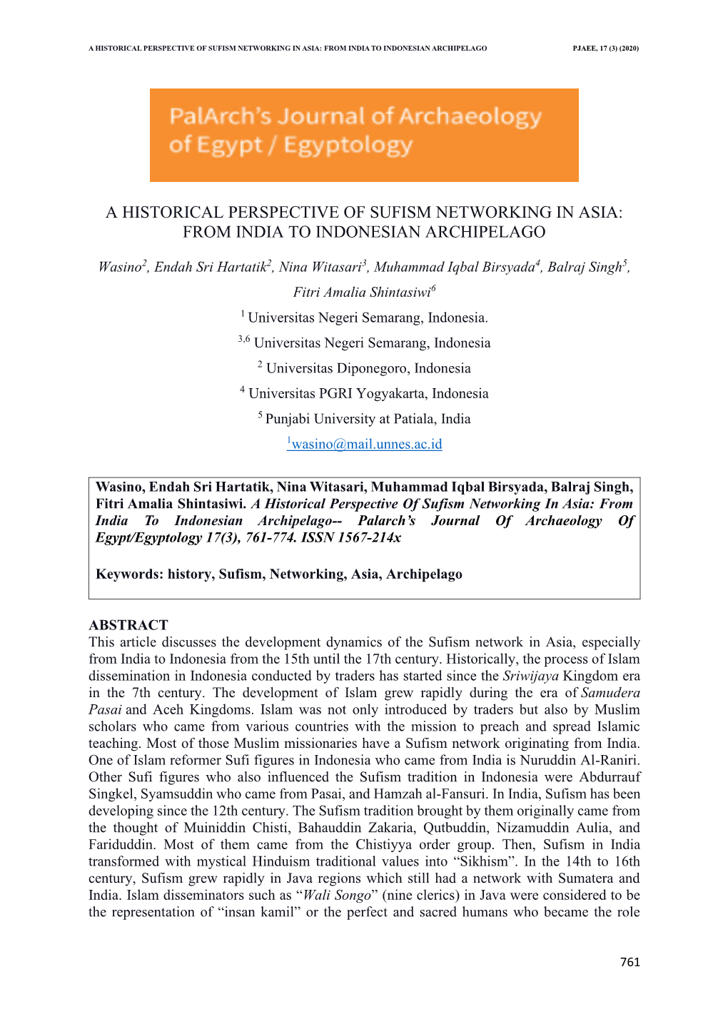 A Historical Perspective of Sufism Networking in Asia: from India to Indonesian Archipelago Pjaee, 17 (3) (2020)