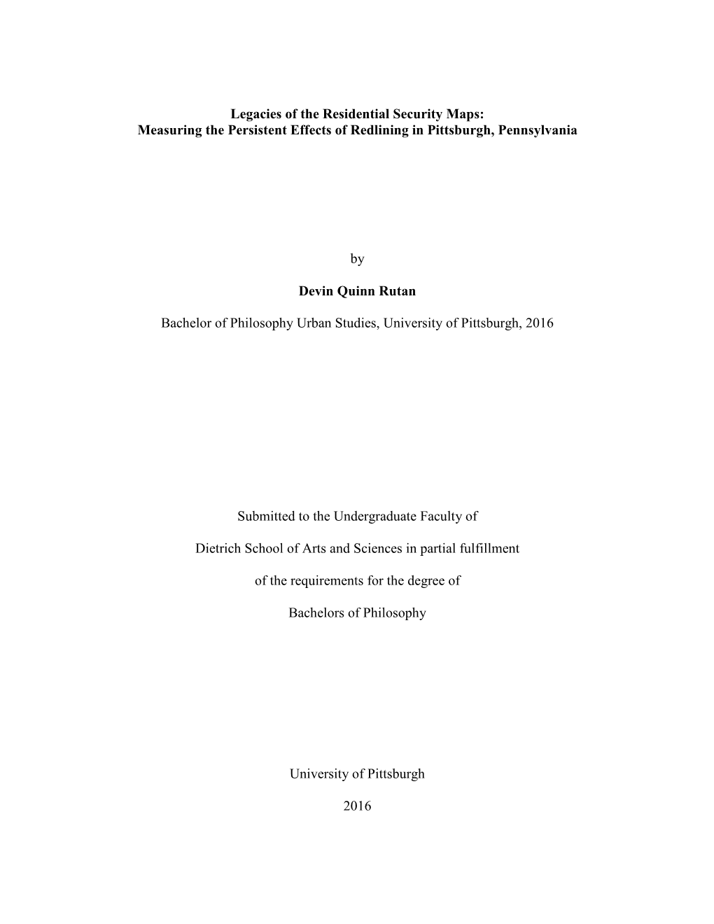 Legacies of the Residential Security Maps: Measuring the Persistent Effects of Redlining in Pittsburgh, Pennsylvania