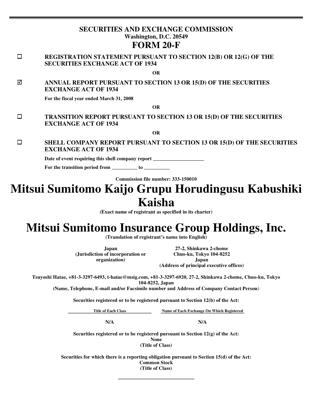 Mitsui Sumitomo Insurance Group Holdings, Inc. (Translation of Registrant’S Name Into English)