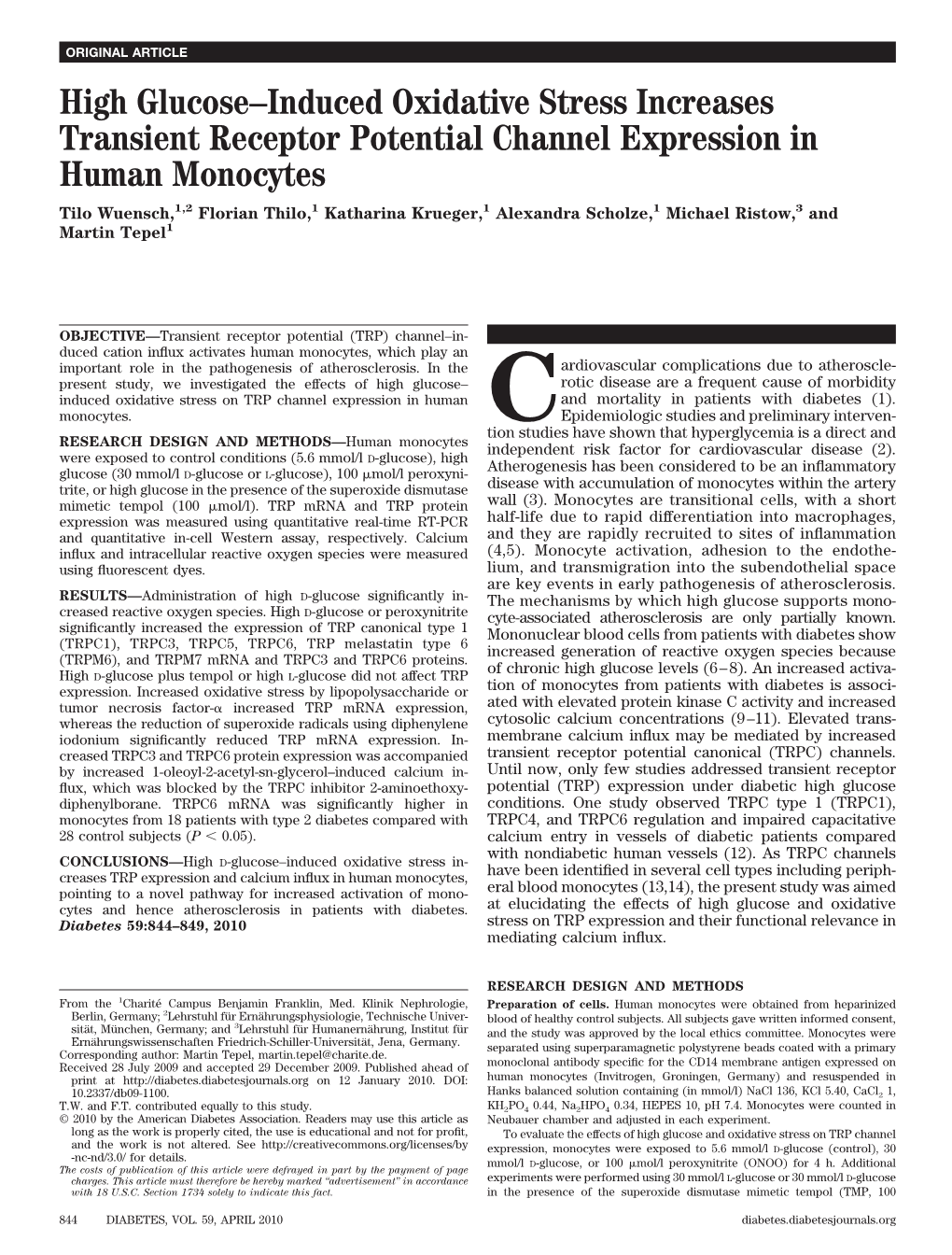 High Glucose–Induced Oxidative Stress Increases Transient