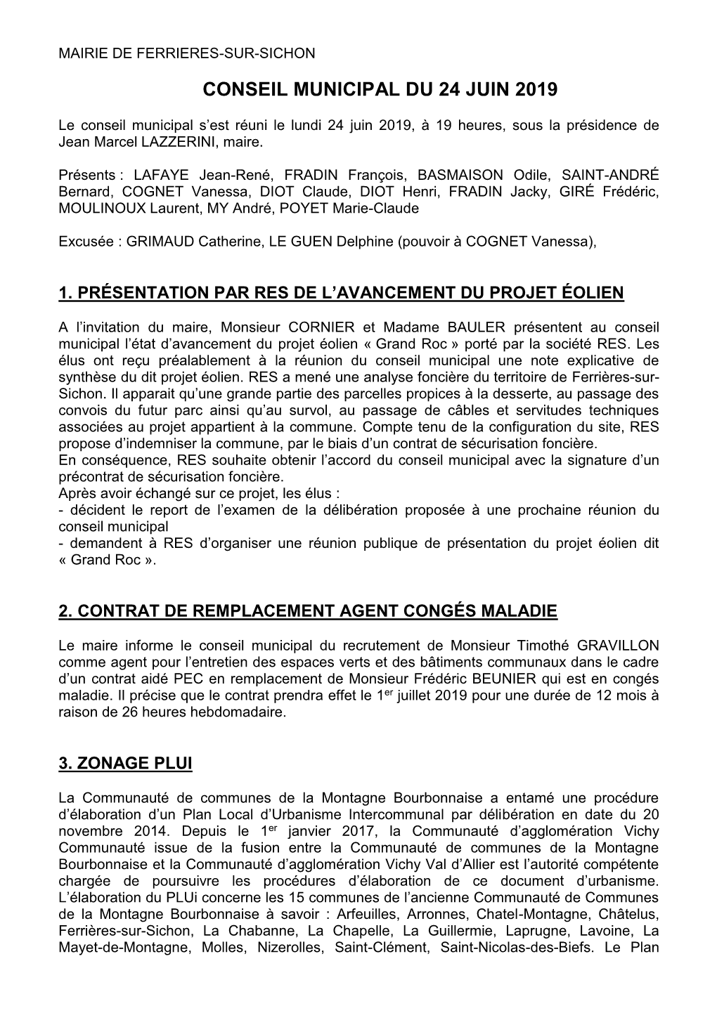 Conseil Municipal Du 24 Juin 2019