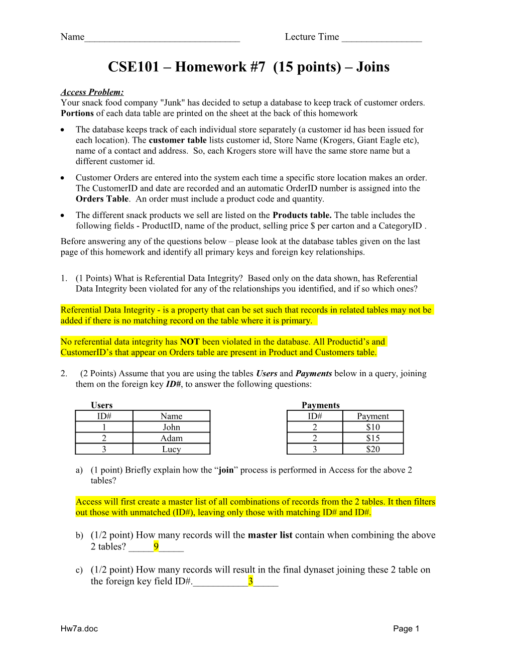 CSE101 Homework #7 (15 Points) Joins