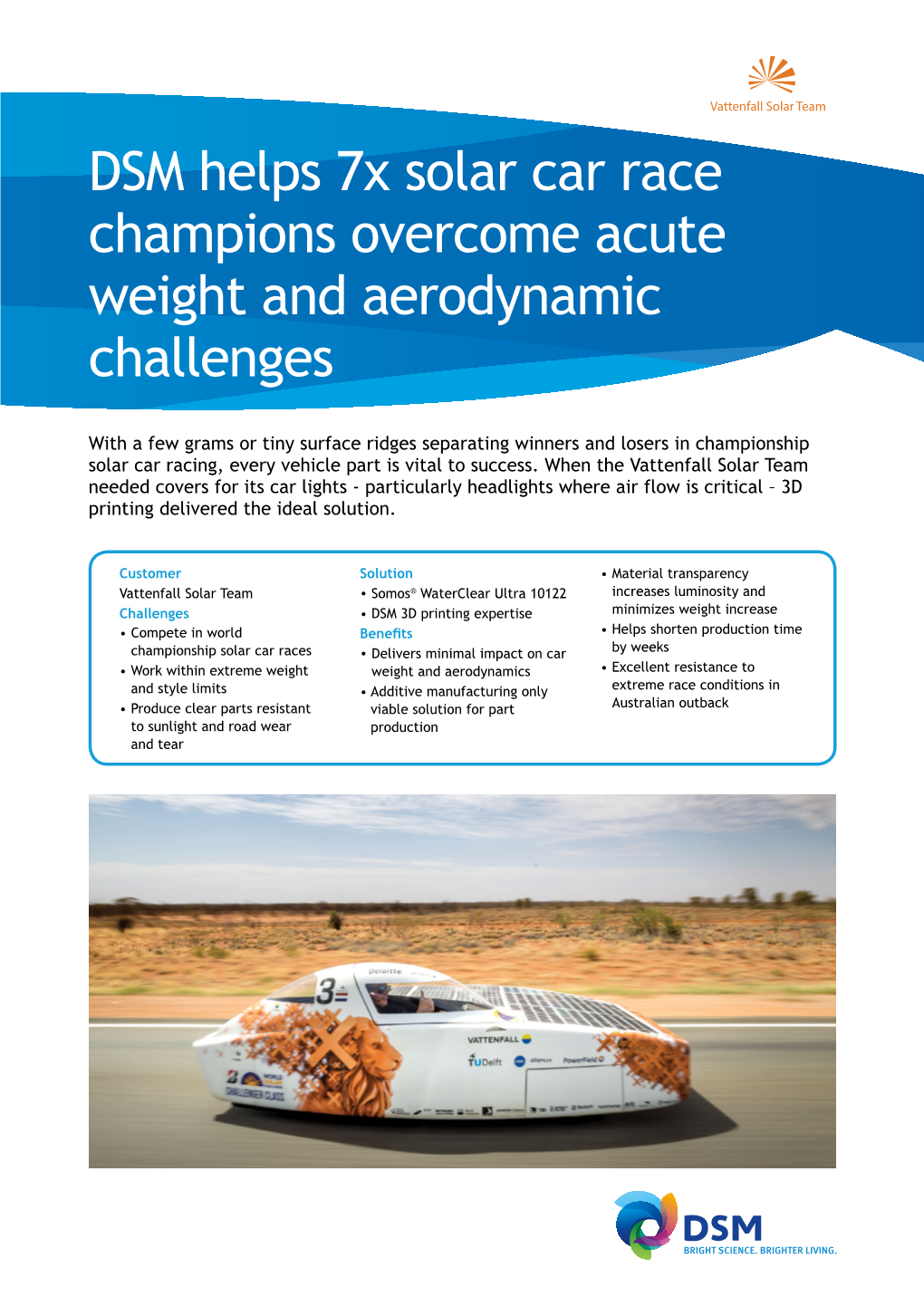 DSM Helps 7X Solar Car Race Champions Overcome Acute Weight and Aerodynamic Challenges