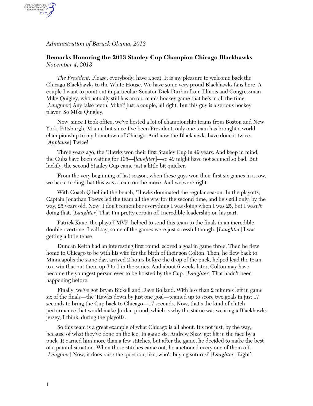 Administration of Barack Obama, 2013 Remarks Honoring the 2013