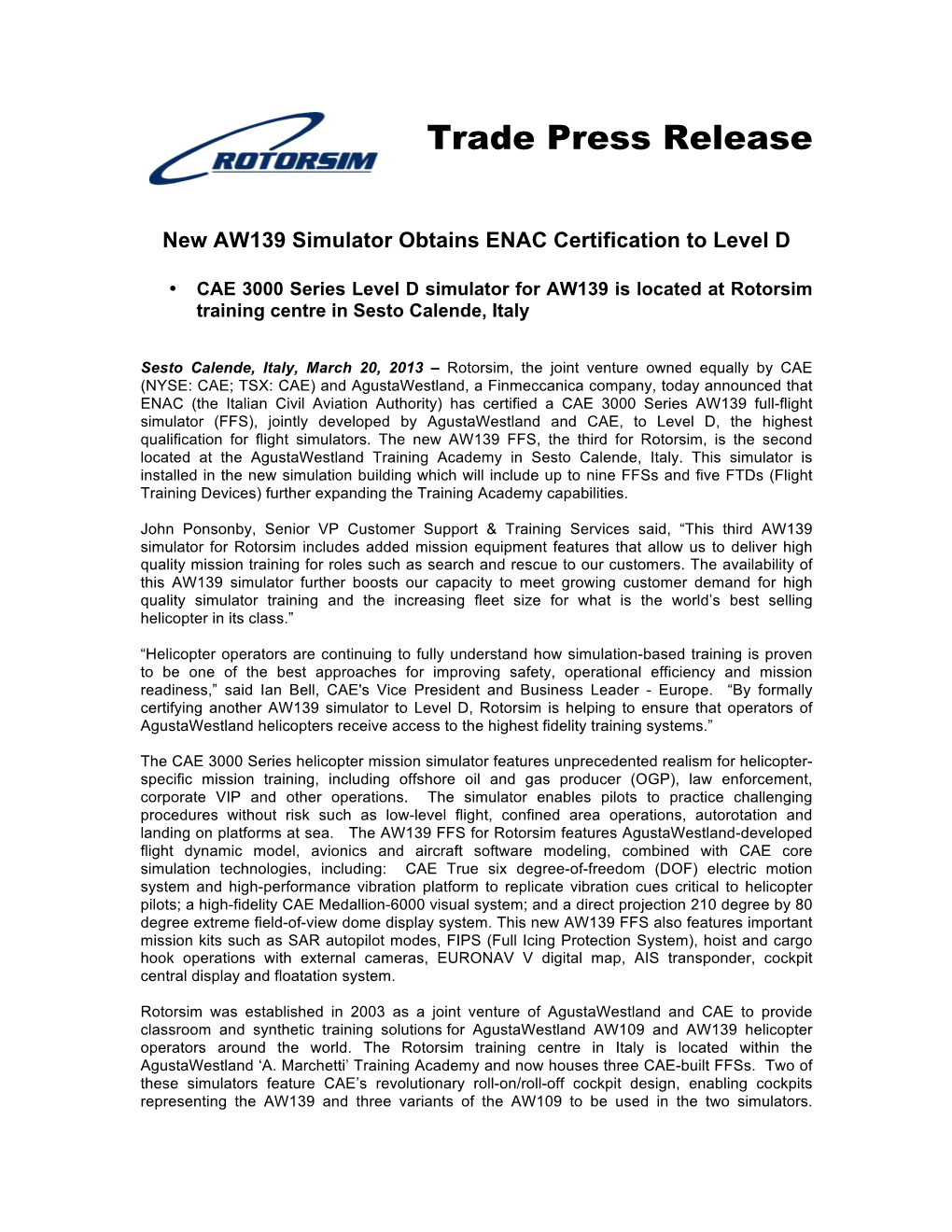 Trade Press Release