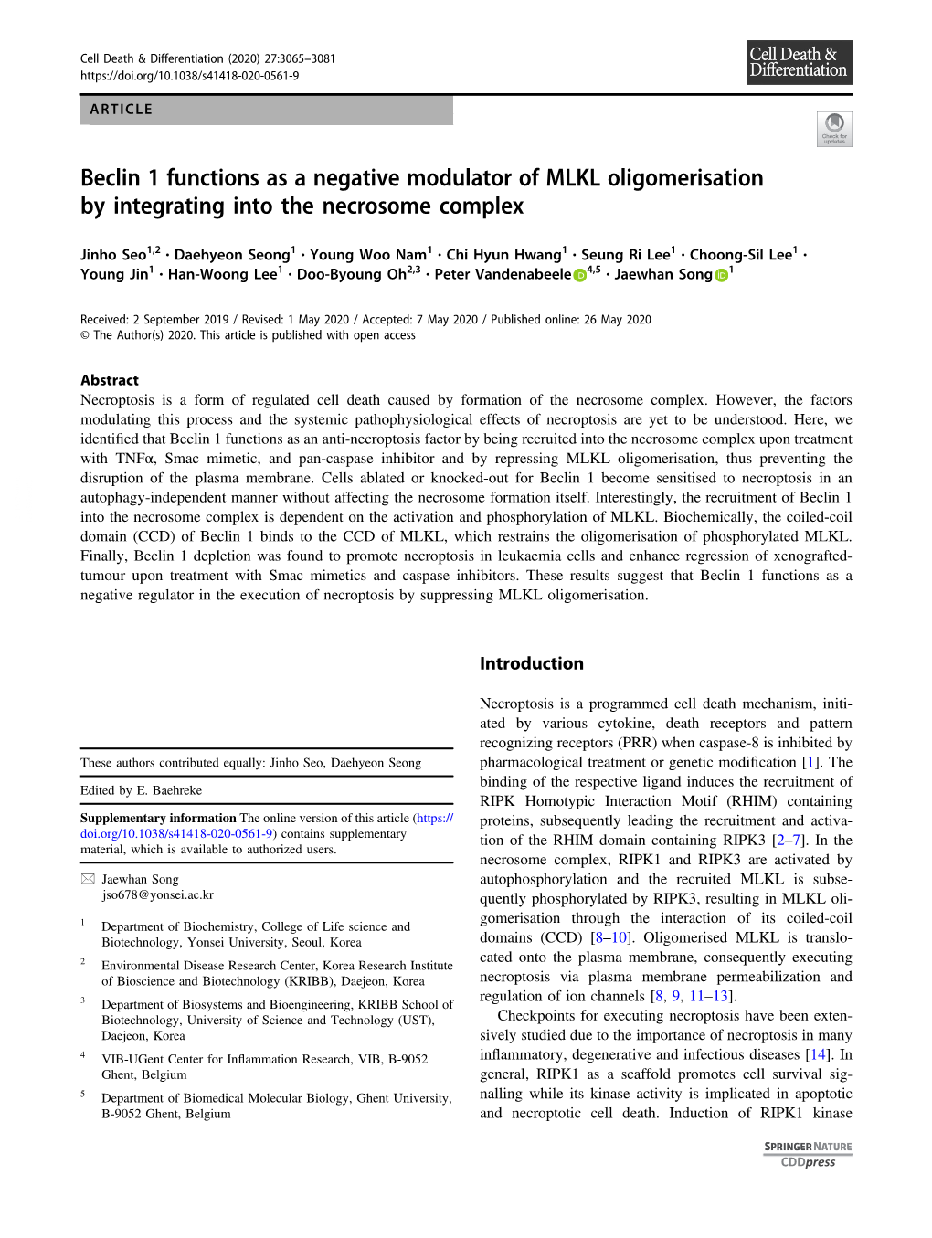 Beclin 1 Functions As a Negative Modulator of MLKL Oligomerisation by Integrating Into the Necrosome Complex