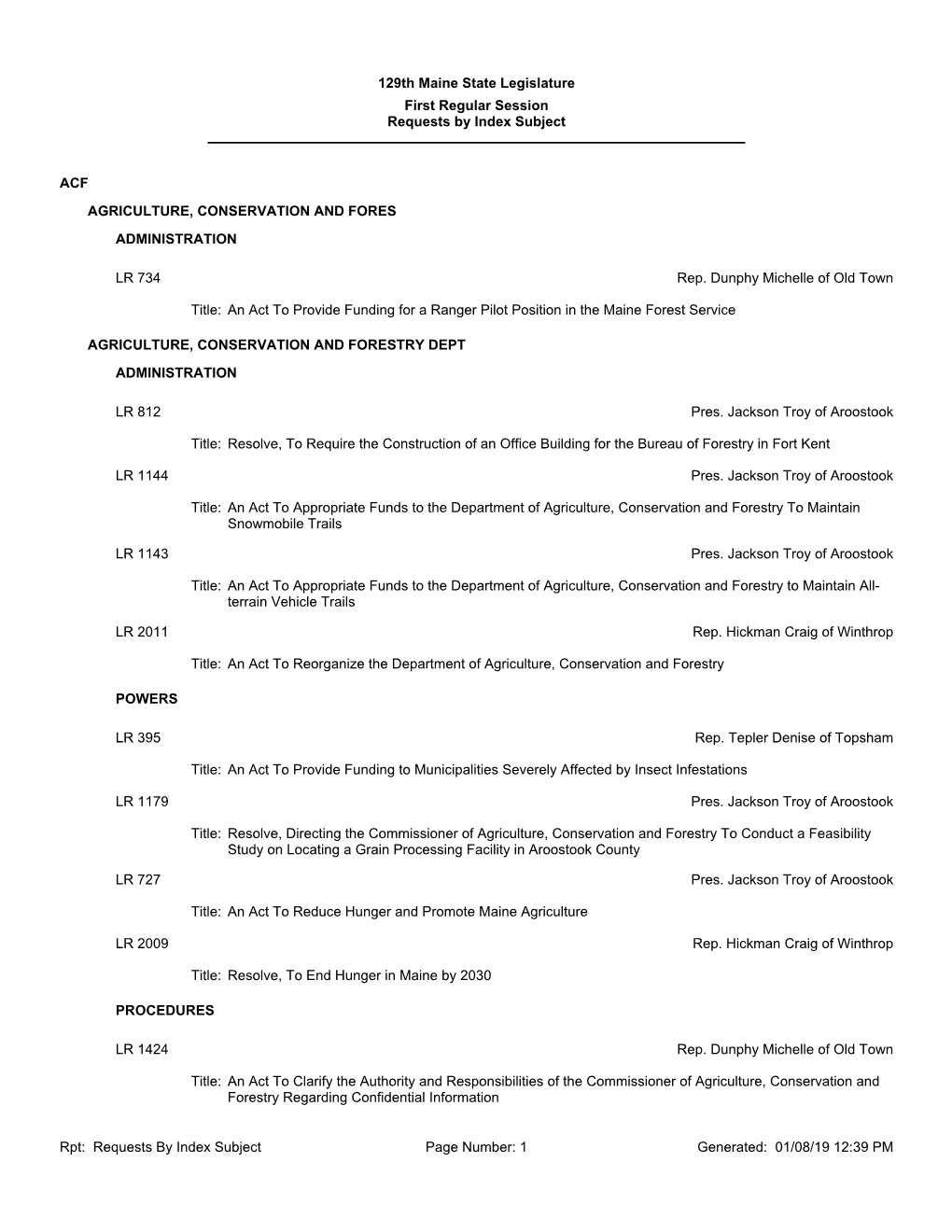 Preliminary List of Working Titles of Precloture Legislator Bills Sorted By