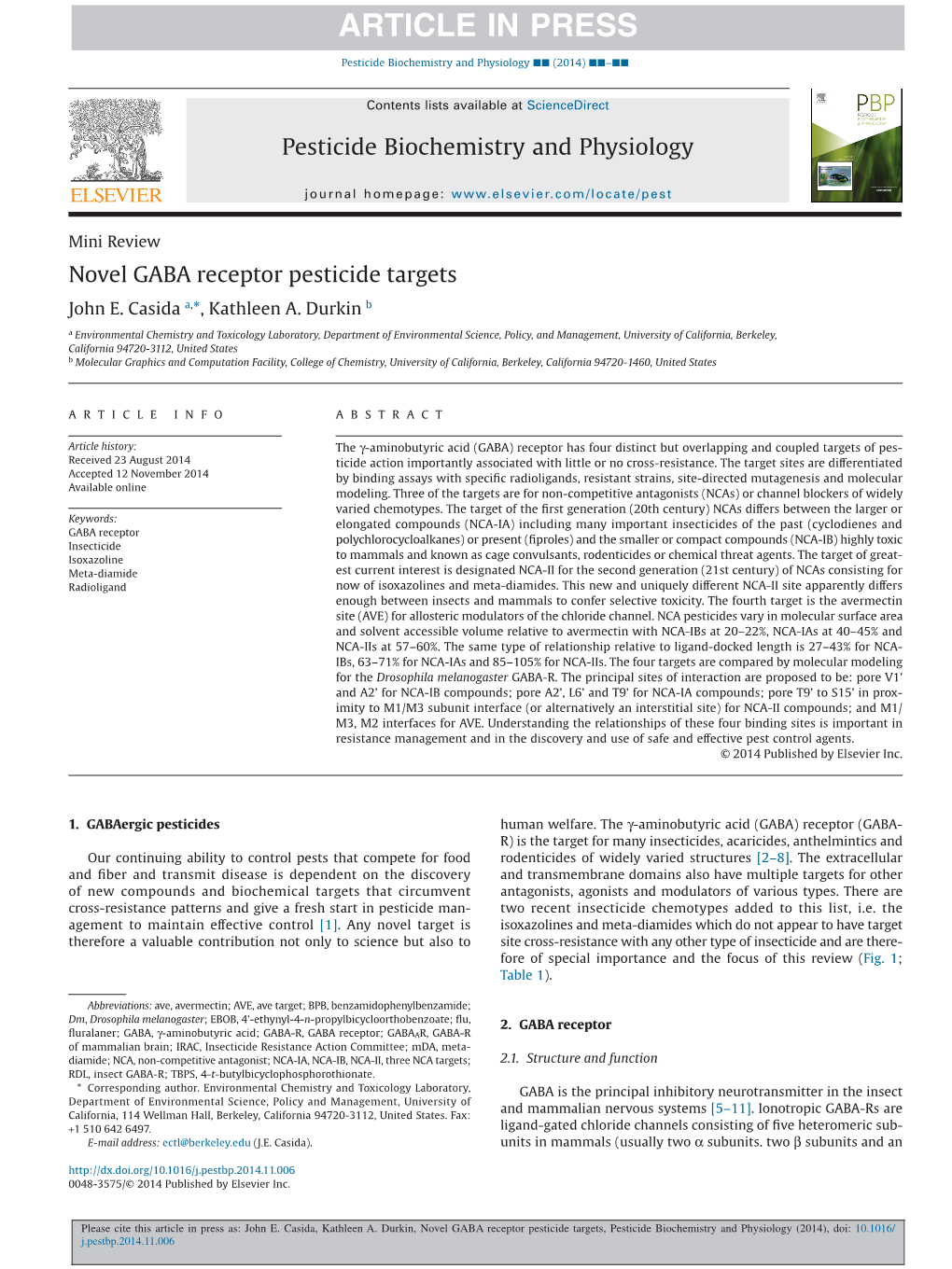 Novel GABA Receptor Pesticide Targets John E