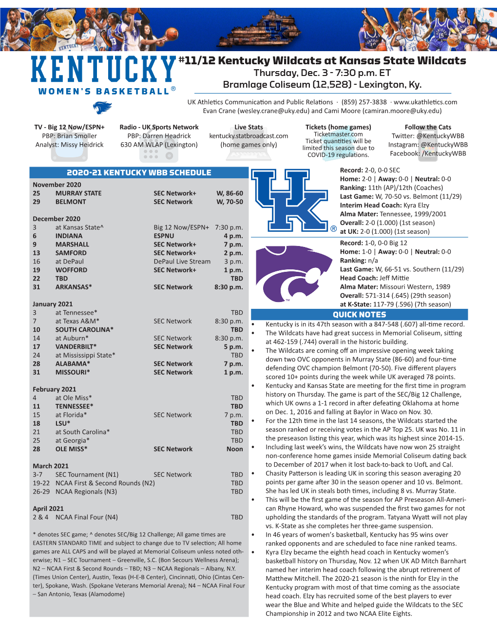 11/12 Kentucky Wildcats at Kansas State Wildcats Thursday, Dec