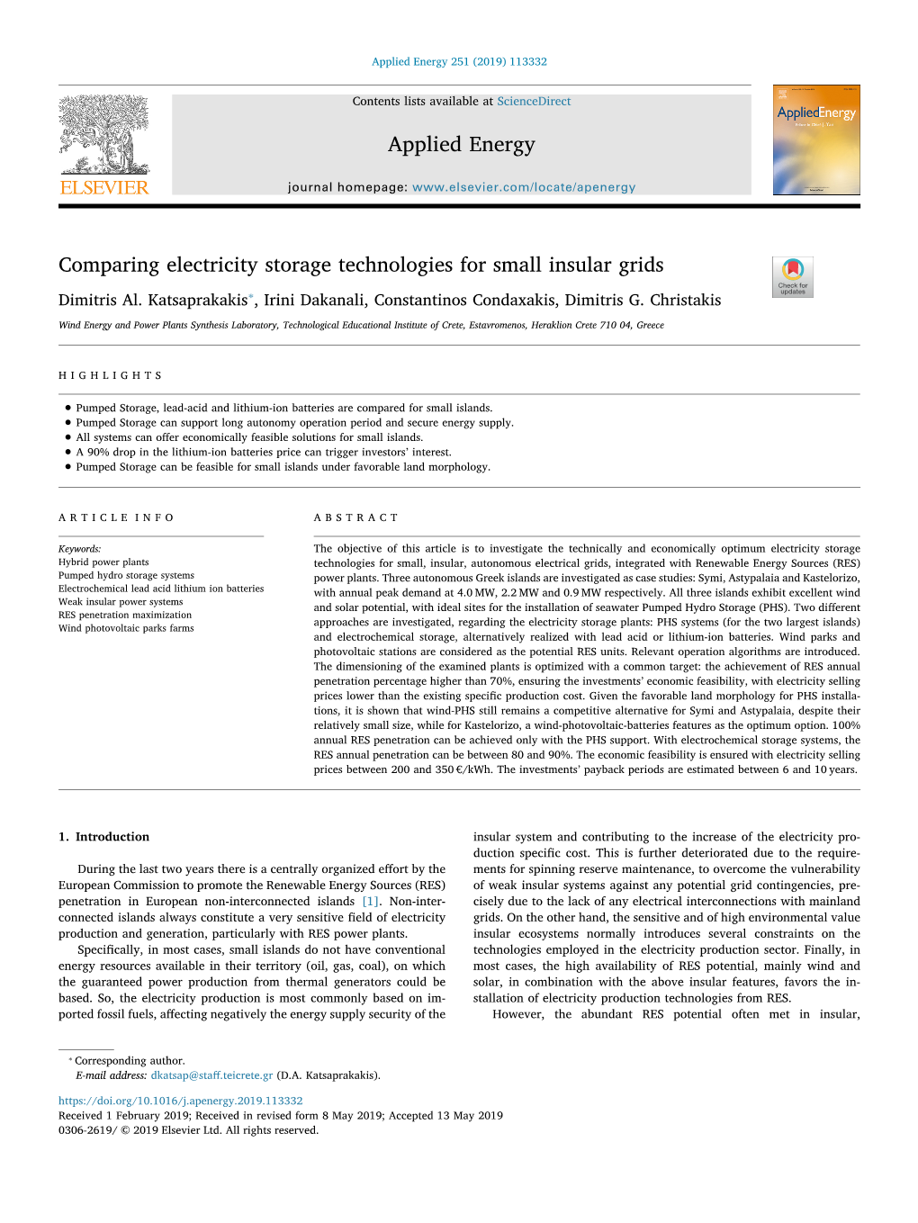 Comparing Electricity Storage Technologies for Small Insular Grids T ⁎ Dimitris Al