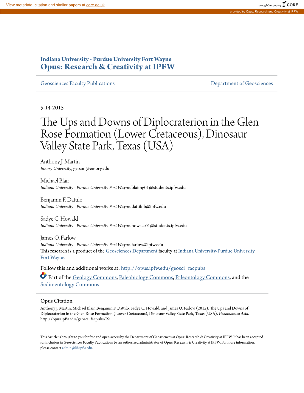 The Ups and Downs of Diplocraterion in the Glen Rose Formation (Lower Cretaceous), Dinosaur Valley State Park, Texas (USA) Anthony J