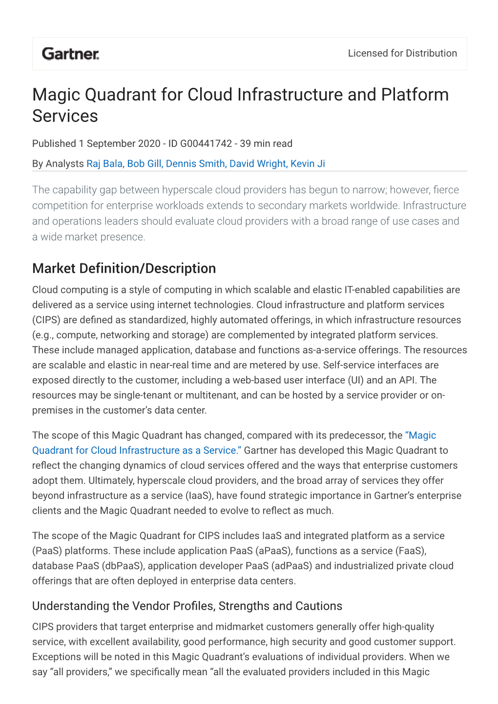 Magic Quadrant for Cloud Infrastructure and Platform Services