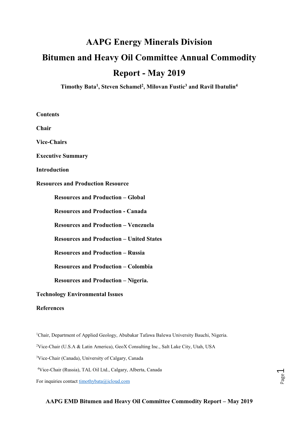 AAPG Energy Minerals Division Bitumen and Heavy Oil Committee Annual Commodity Report - May 2019