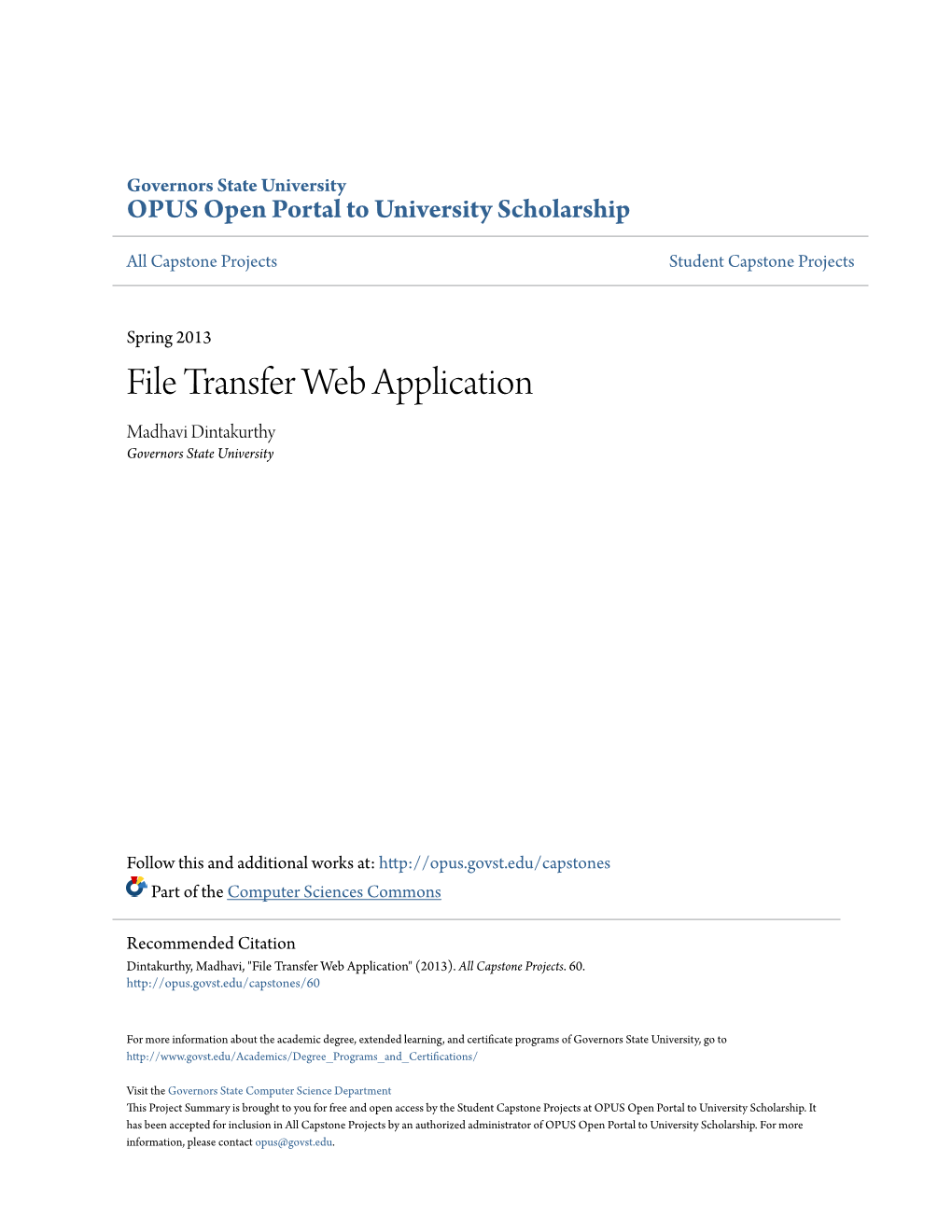 File Transfer Web Application Madhavi Dintakurthy Governors State University