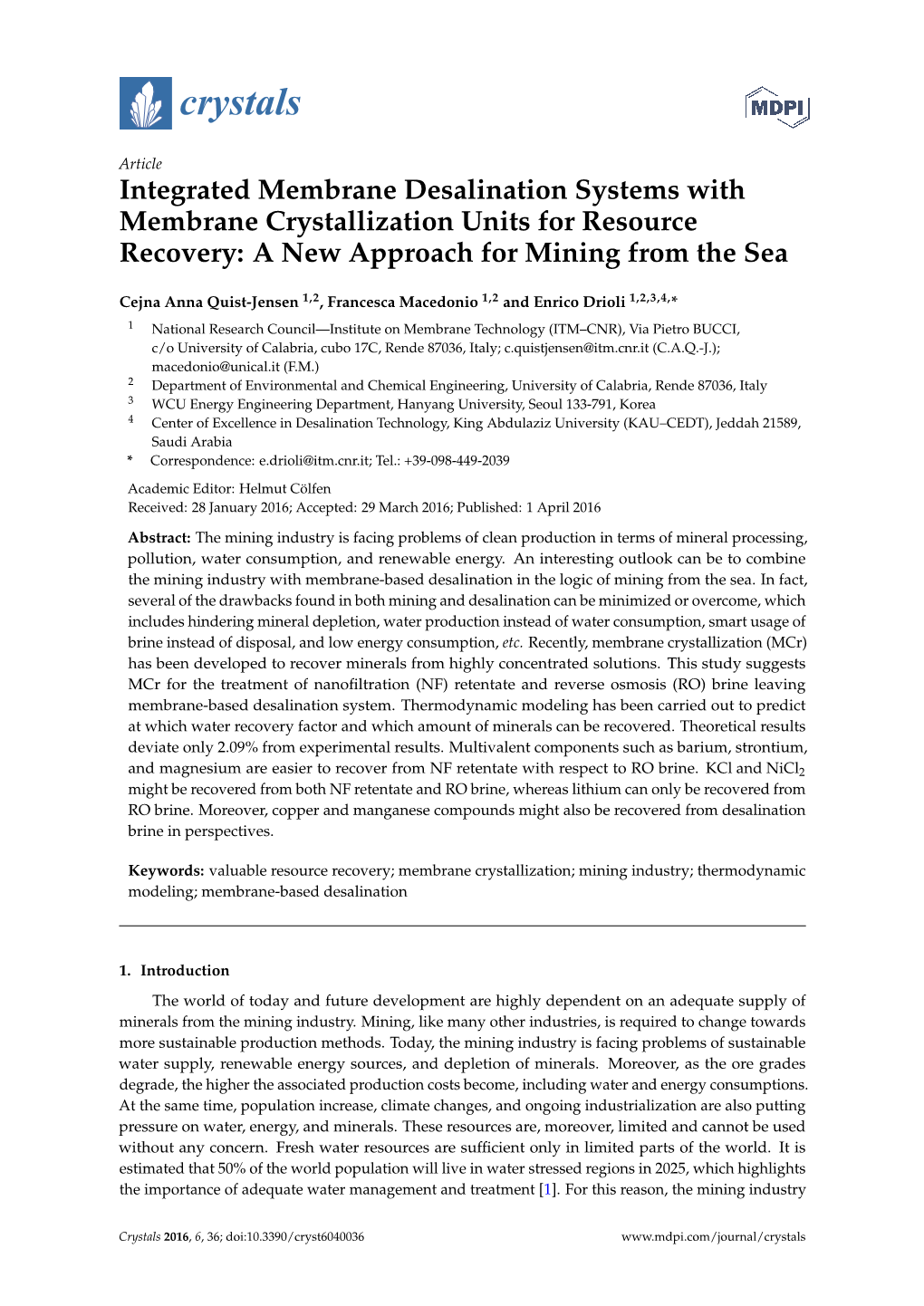 Integrated Membrane Desalination Systems with Membrane Crystallization Units for Resource Recovery: a New Approach for Mining from the Sea