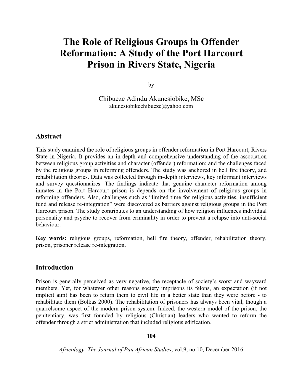 A Study of the Port Harcourt Prison in Rivers State, Nigeria
