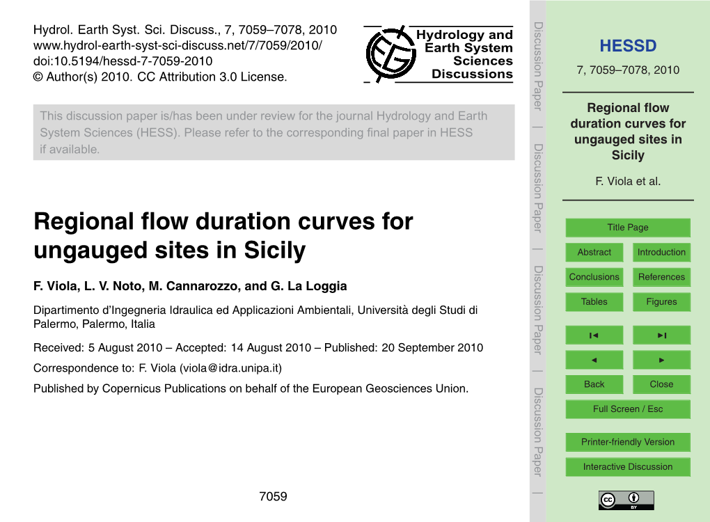 Regional Flow Duration Curves for Ungauged Sites in Sicily