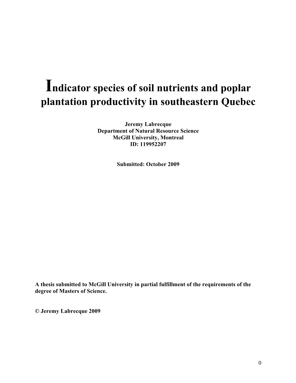 Indicator Species of Soil Nutrients and Poplar Plantation Productivity in Southeastern Quebec