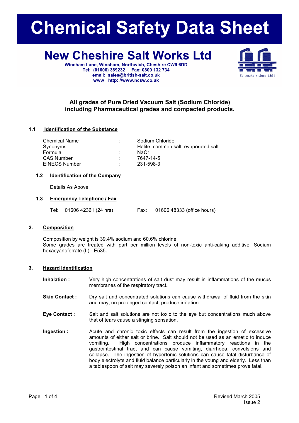 Chemical Safety Data Sheet for All Grades Of