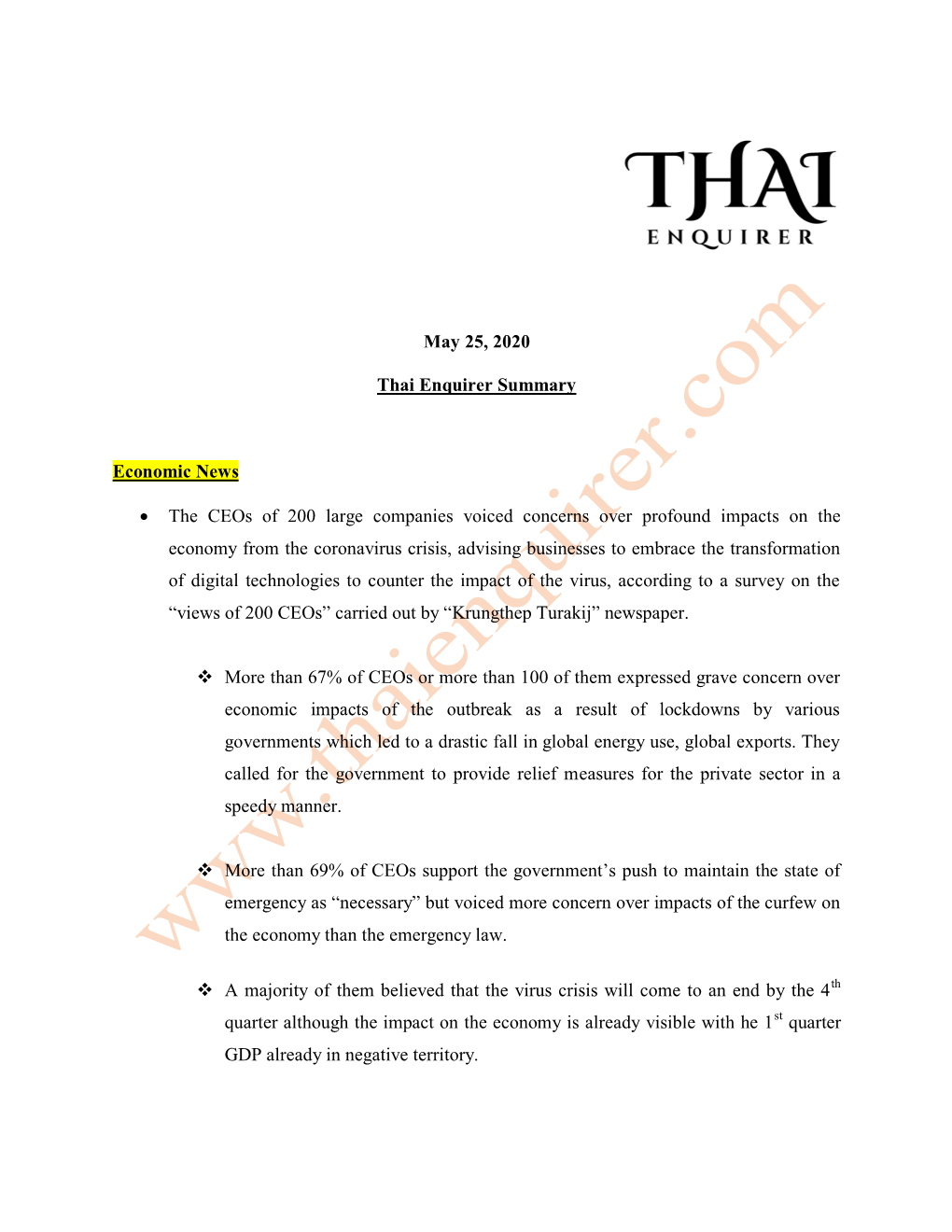 May 25, 2020 Thai Enquirer Summary Economic News • the Ceos of 200