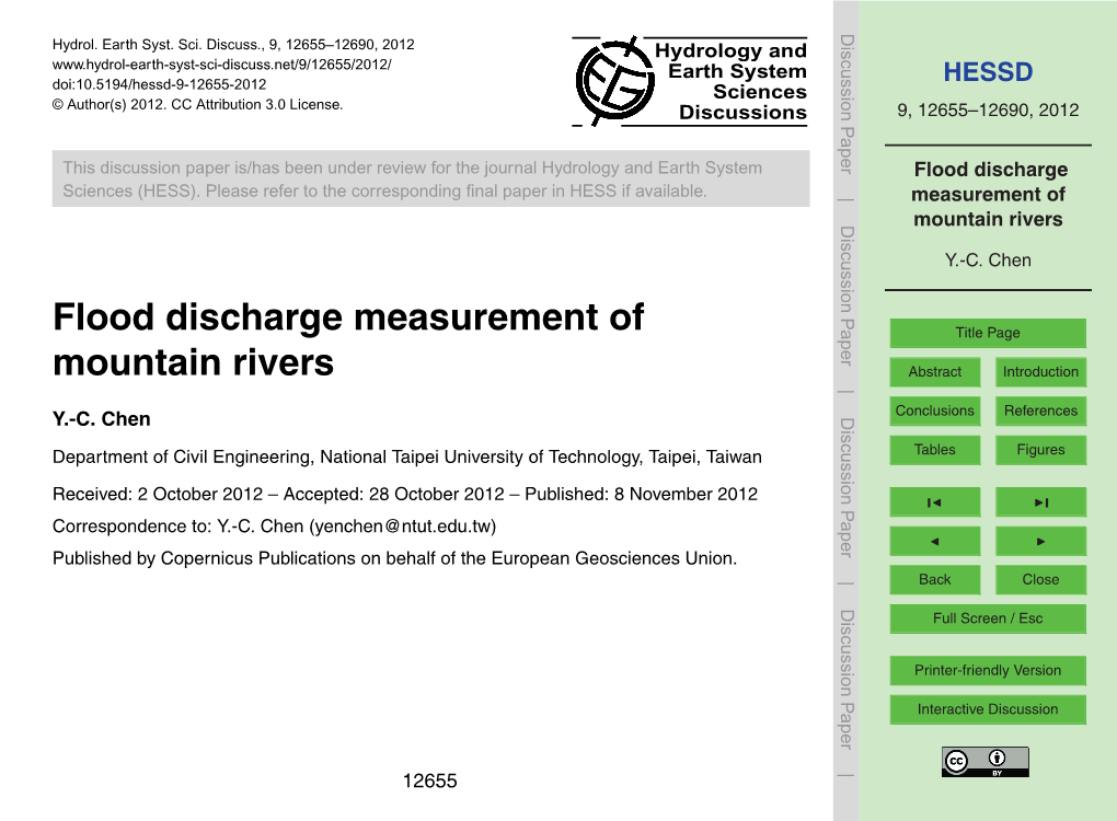 Flood Discharge Measurement of Mountain Rivers Can Be Estimated Directly Using HESSD Mean Velocity and Cross-Sectional Area