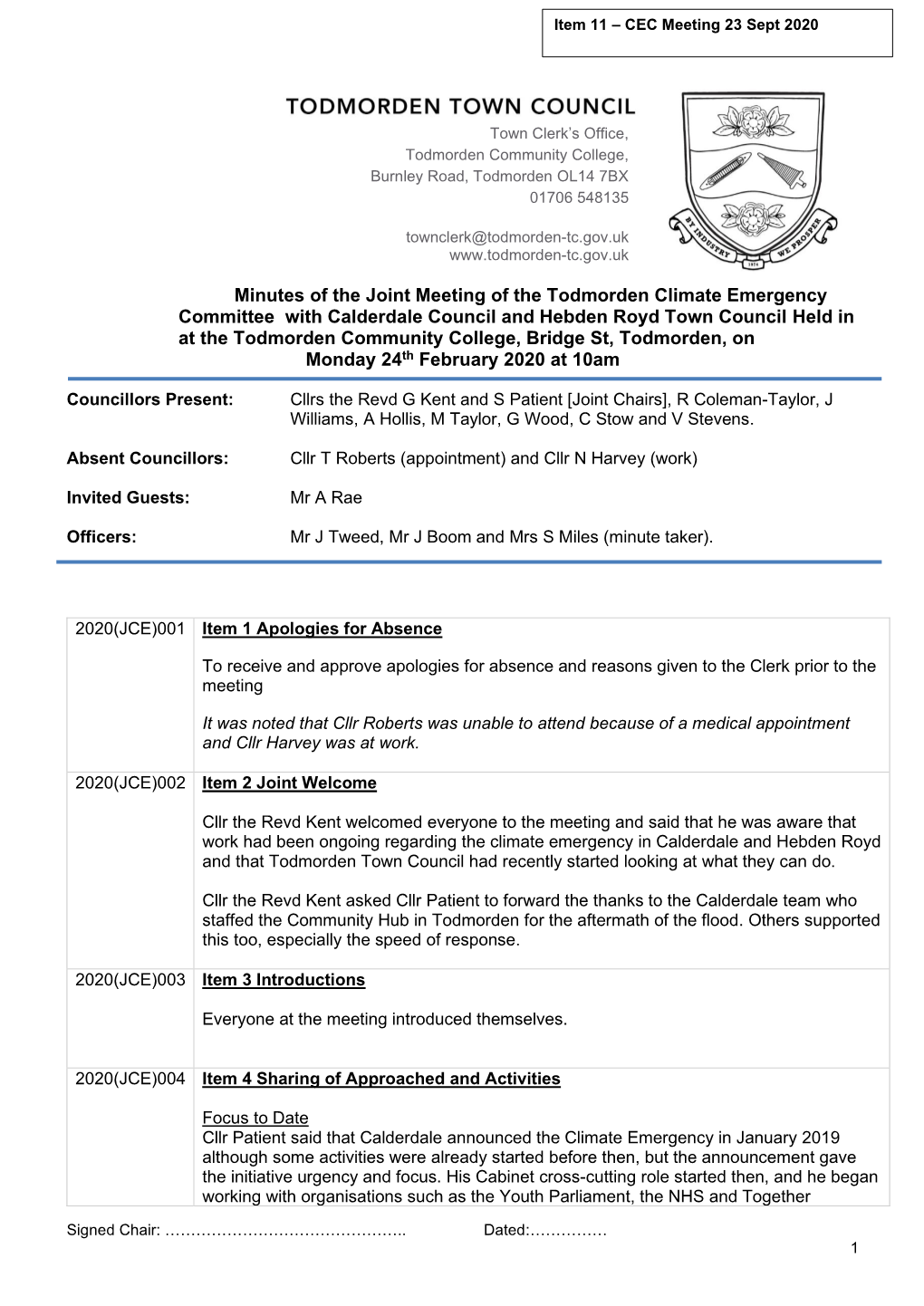 Minutes of the Joint Meeting of the Todmorden Climate Emergency