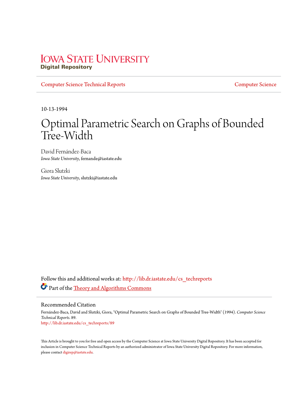 Optimal Parametric Search on Graphs of Bounded Tree-Width David Fernández-Baca Iowa State University, Fernande@Iastate.Edu