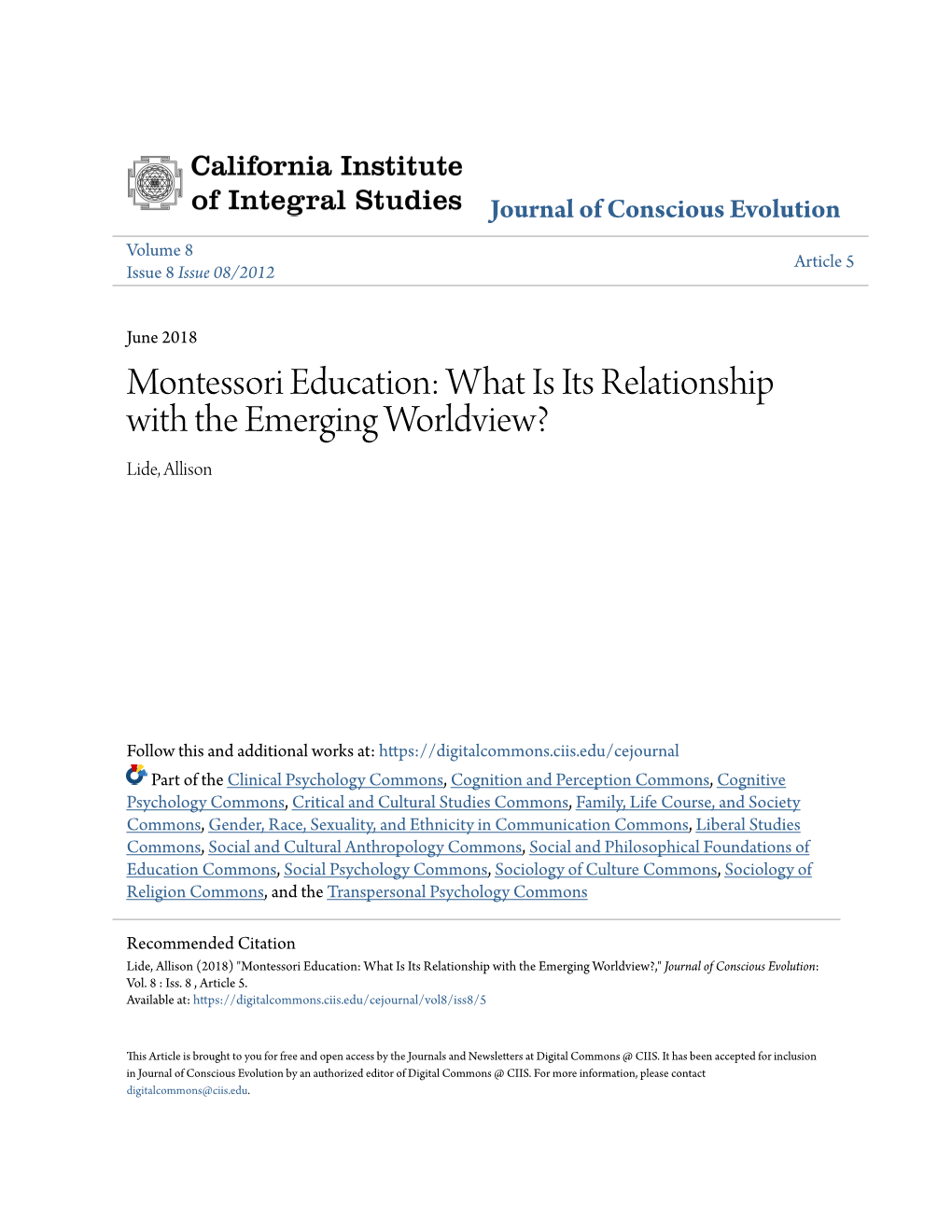 Montessori Education: What Is Its Relationship with the Emerging Worldview? Lide, Allison