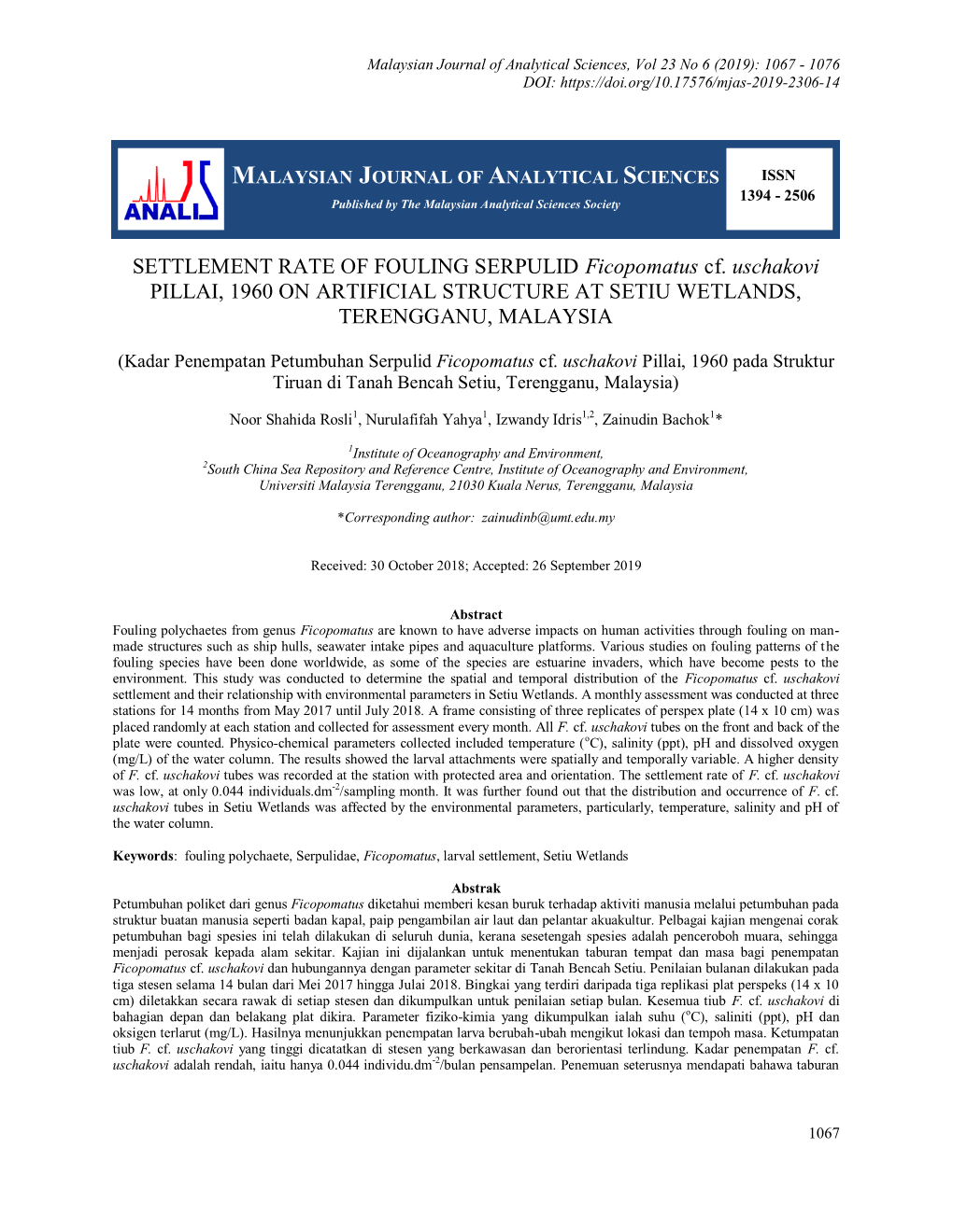 SETTLEMENT RATE of FOULING SERPULID Ficopomatus Cf