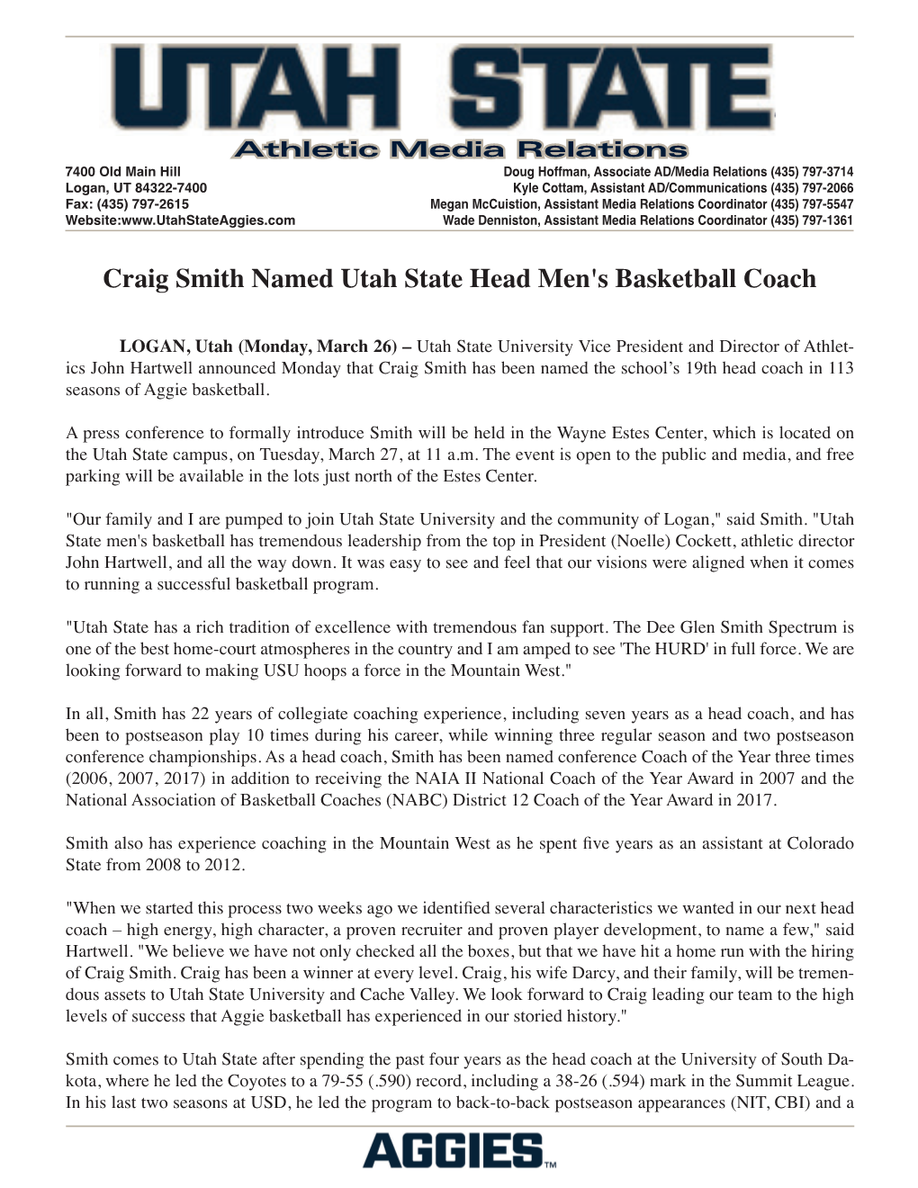 Craig Smith Named Utah State Head Men's Basketball Coach