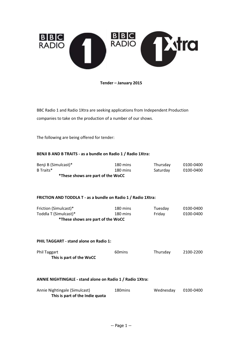 Tender – January 2015 BBC Radio 1 and Radio 1Xtra Are Seeking