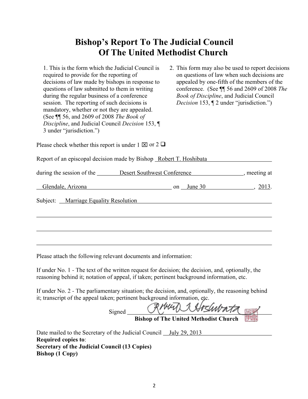 Bishop's Report to the Judicial Council of the United Methodist