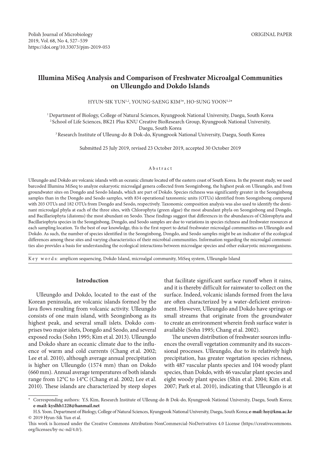 Illumina Miseq Analysis and Comparison of Freshwater Microalgal Communities on Ulleungdo and Dokdo Islands