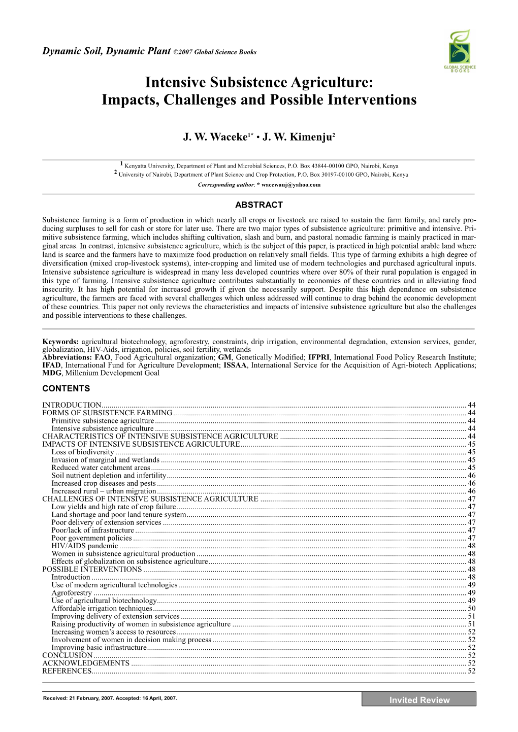 Intensive Subsistence Agriculture: Impacts, Challenges and Possible Interventions